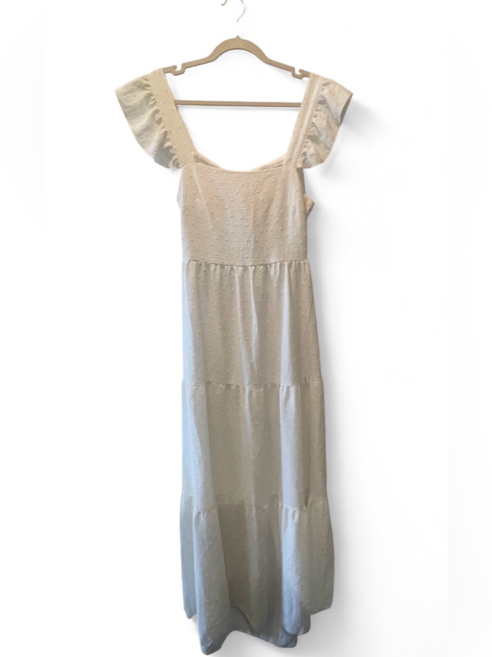 Polka Dot Pom Pom Maxi Dress w/ Flutter Straps + Open Tie Low Back